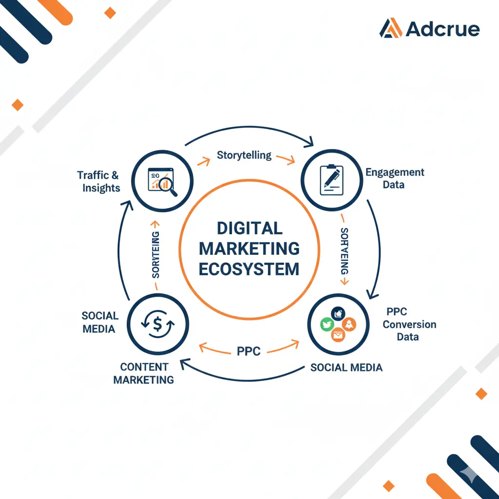 Integrated marketing ecosystem showing SEO, PPC, and content working together